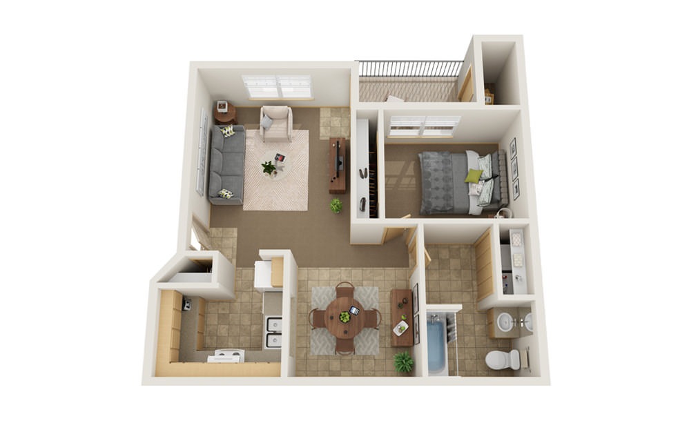 1 Bed 1 Bath - 1 bedroom floorplan layout with 1 bath and 767 square feet.