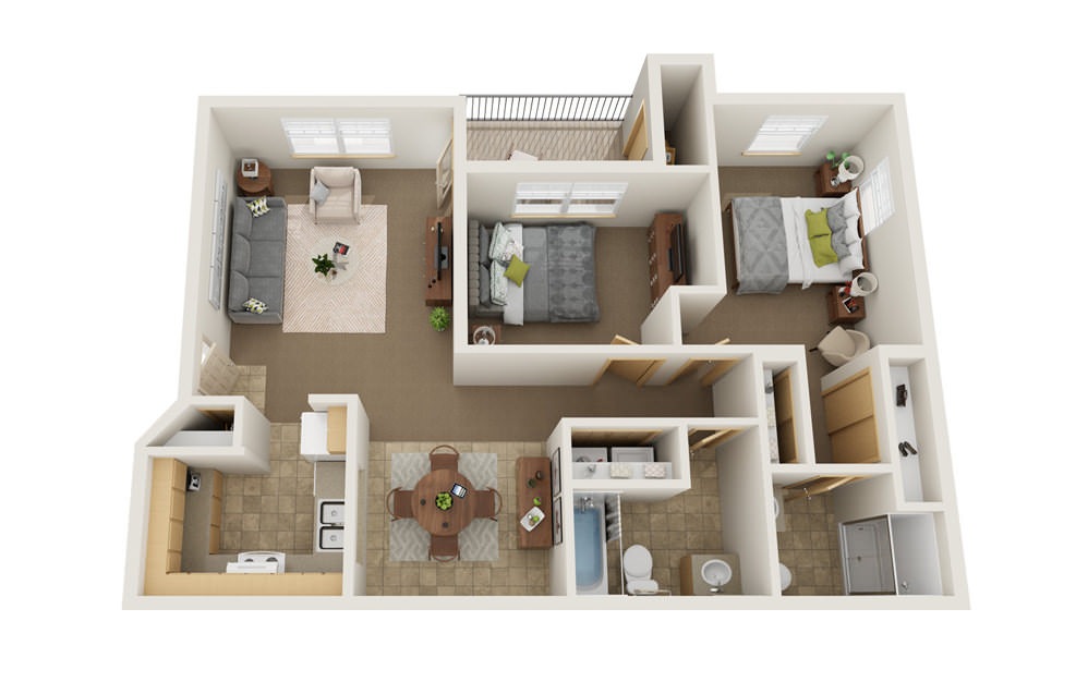 2 Bed 2 Bath - 2 bedroom floorplan layout with 2 baths and 1009 square feet.