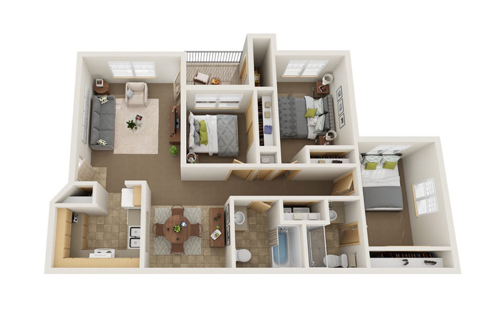 3 Bed 2 Bath - 3 bedroom floorplan layout with 2 baths and 1200 square feet.